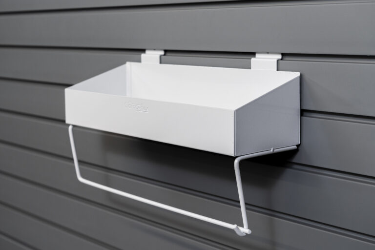 Small shelf with rail on slatwall