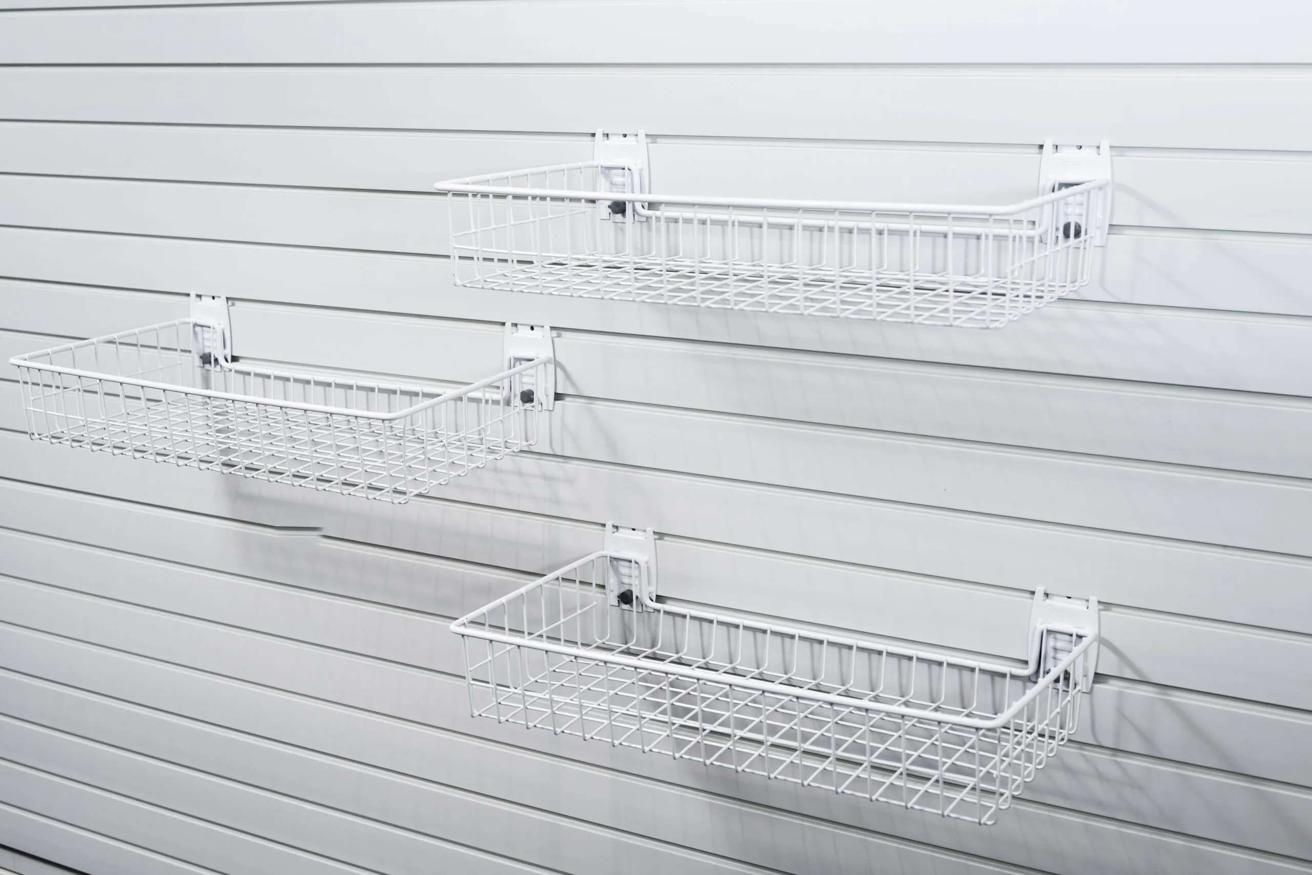 shallow basket set 3 pack attached to flexipanel slatwall